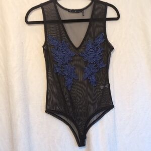 Potter's Pot Black Mesh Bodysuit with Blue Floral Design